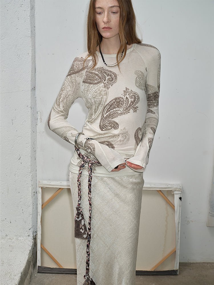 Tencel Wool Original Cashew Print Round Neck Slim Long Sleeve and Skirt"Vintage - Italiqo