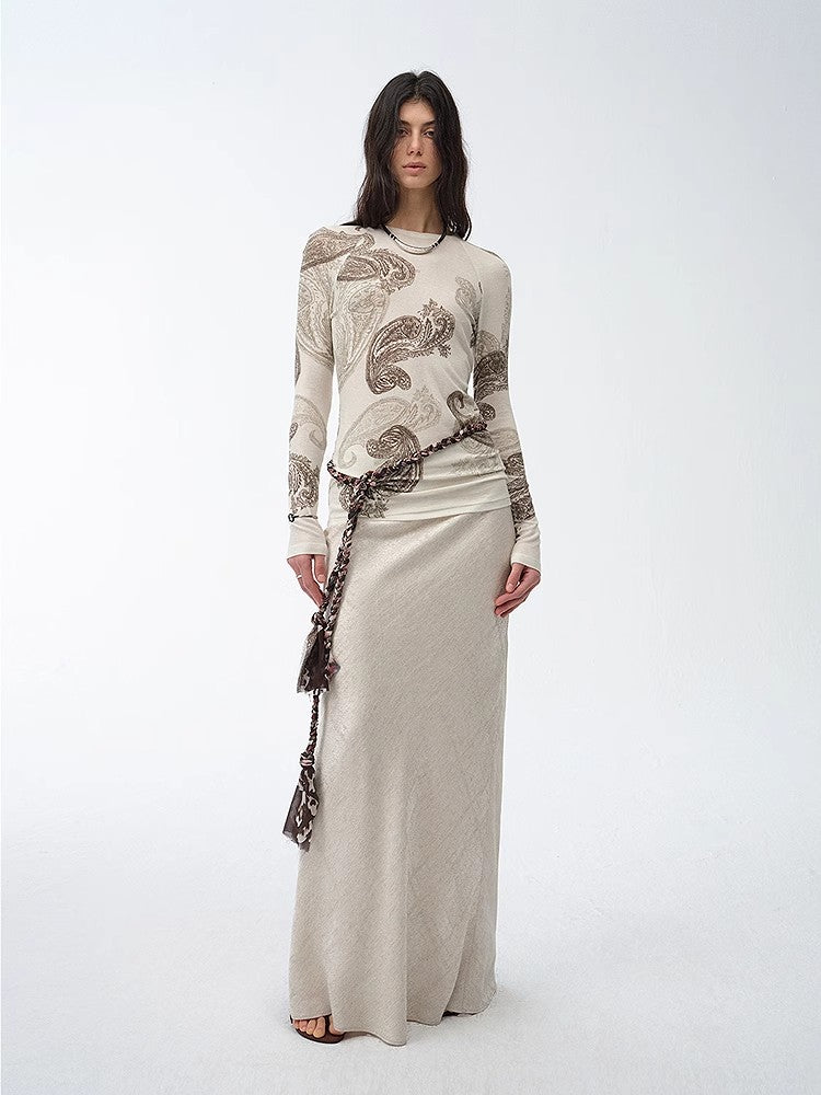 Tencel Wool Original Cashew Print Round Neck Slim Long Sleeve and Skirt"Vintage - Italiqo