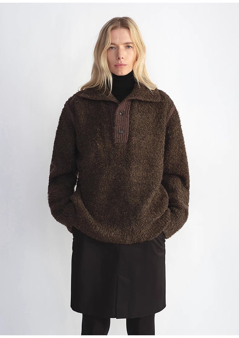 Alpaca Wool Blended Bouclé Yarn Spliced POLO Shirt Lazy and Relaxed Sweater - Italiqo