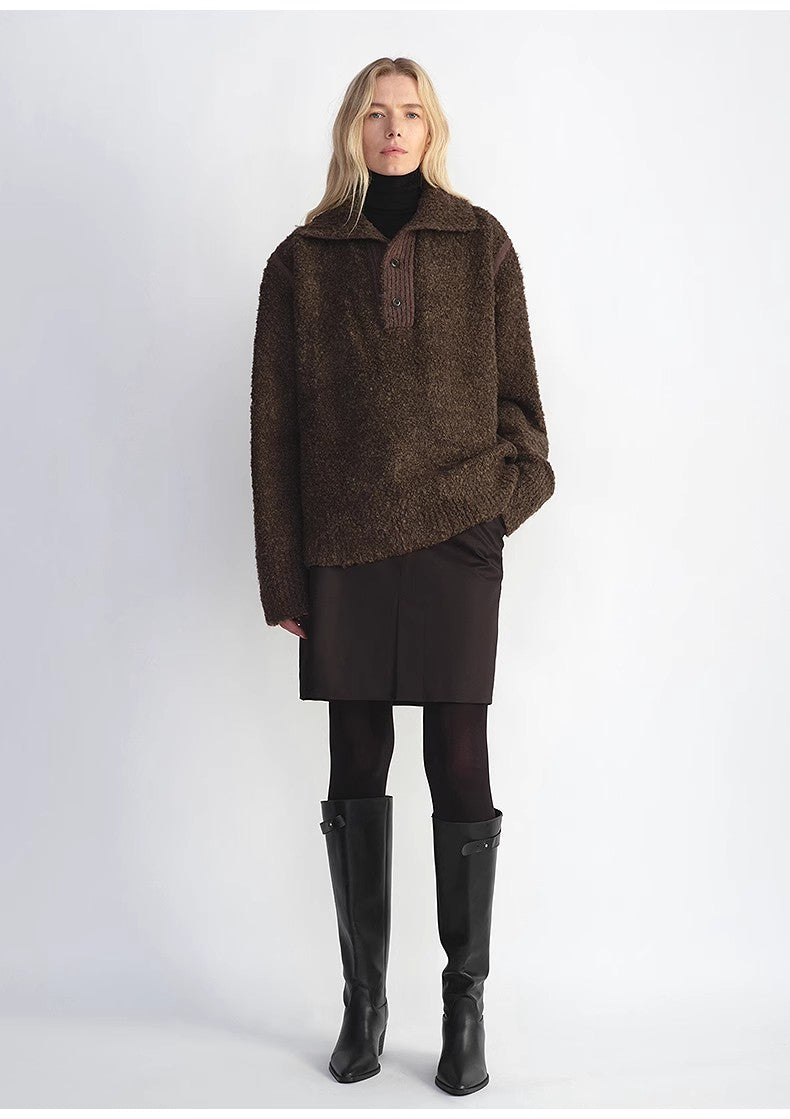 Alpaca Wool Blended Bouclé Yarn Spliced POLO Shirt Lazy and Relaxed Sweater - Italiqo