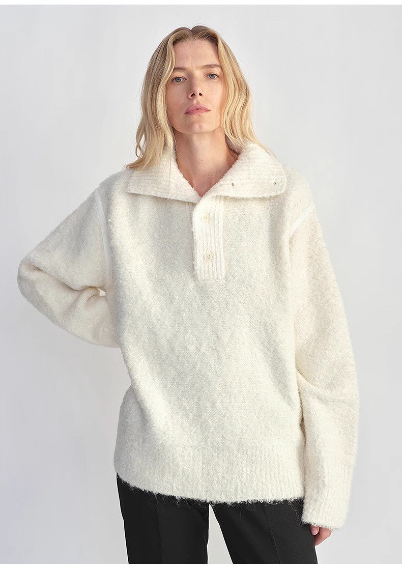 Alpaca Wool Blended Bouclé Yarn Spliced POLO Shirt Lazy and Relaxed Sweater - Italiqo