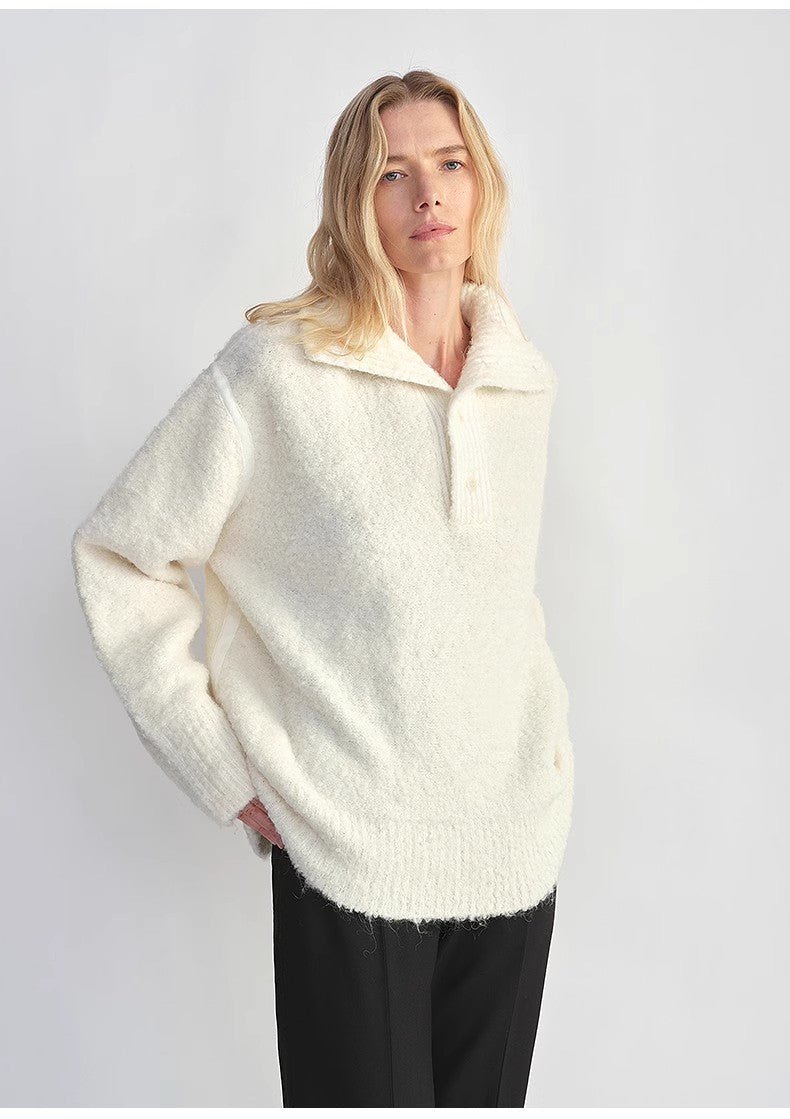 Alpaca Wool Blended Bouclé Yarn Spliced POLO Shirt Lazy and Relaxed Sweater - Italiqo