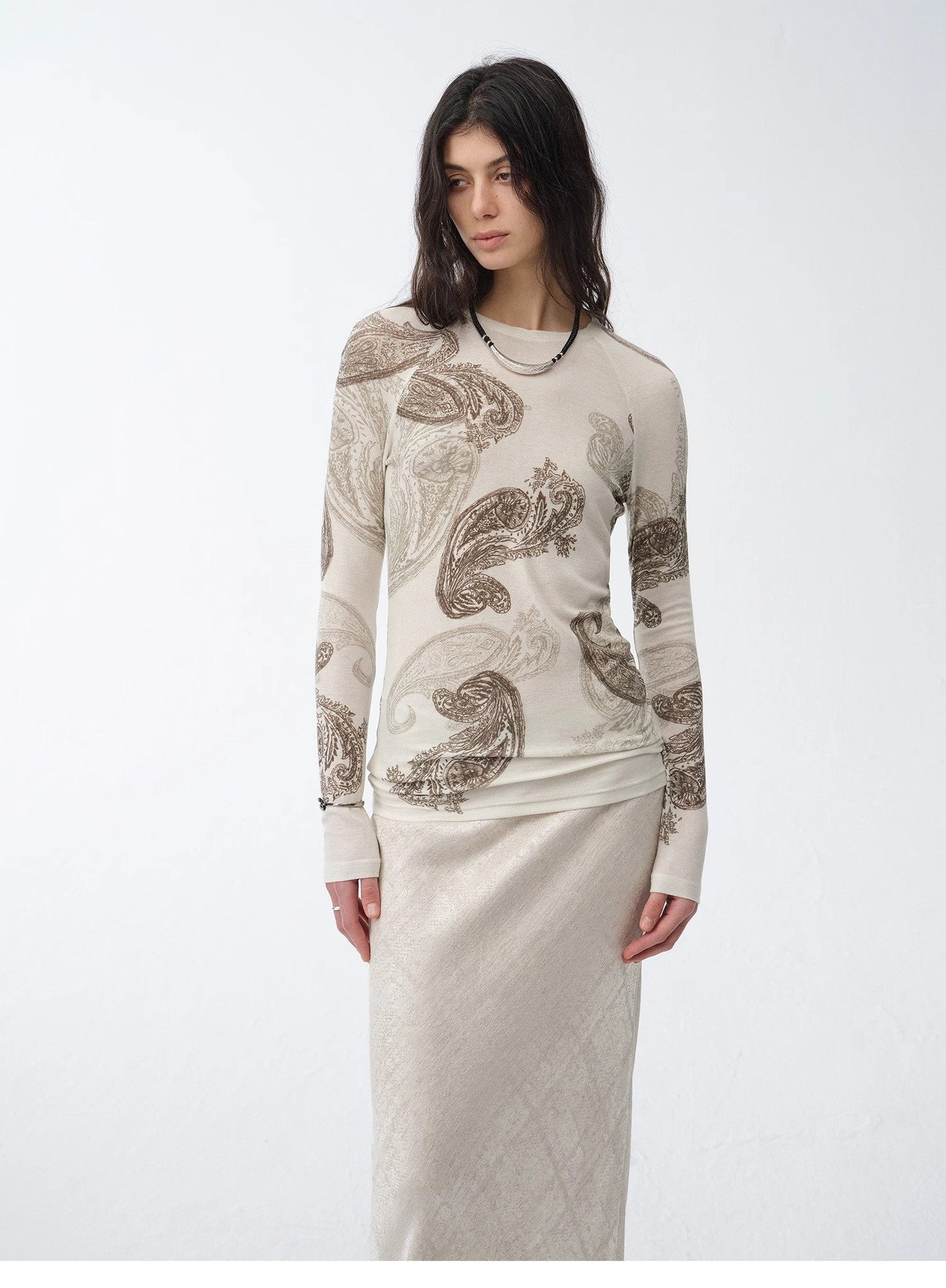 Tencel Wool Original Cashew Print Round Neck Slim Long Sleeve and Skirt"Vintage - Italiqo
