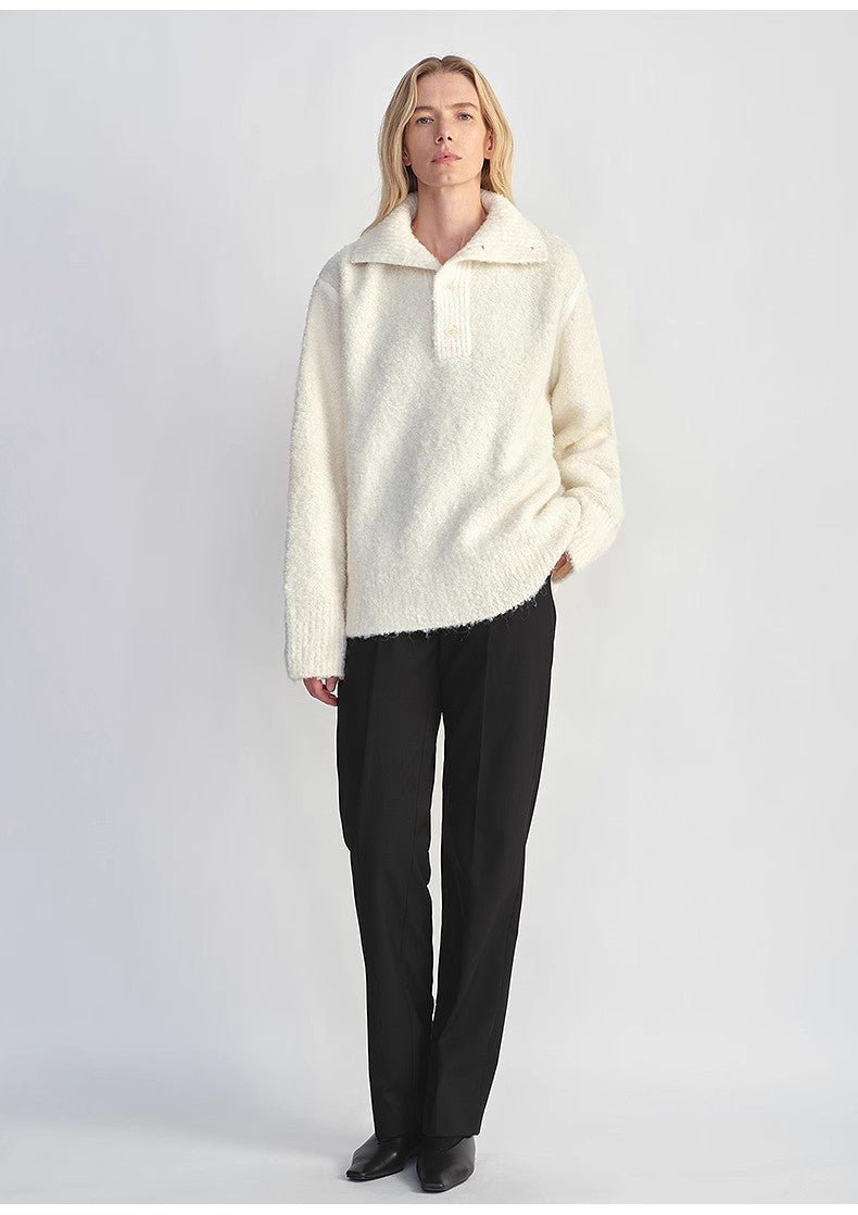 Alpaca Wool Blended Bouclé Yarn Spliced POLO Shirt Lazy and Relaxed Sweater - Italiqo