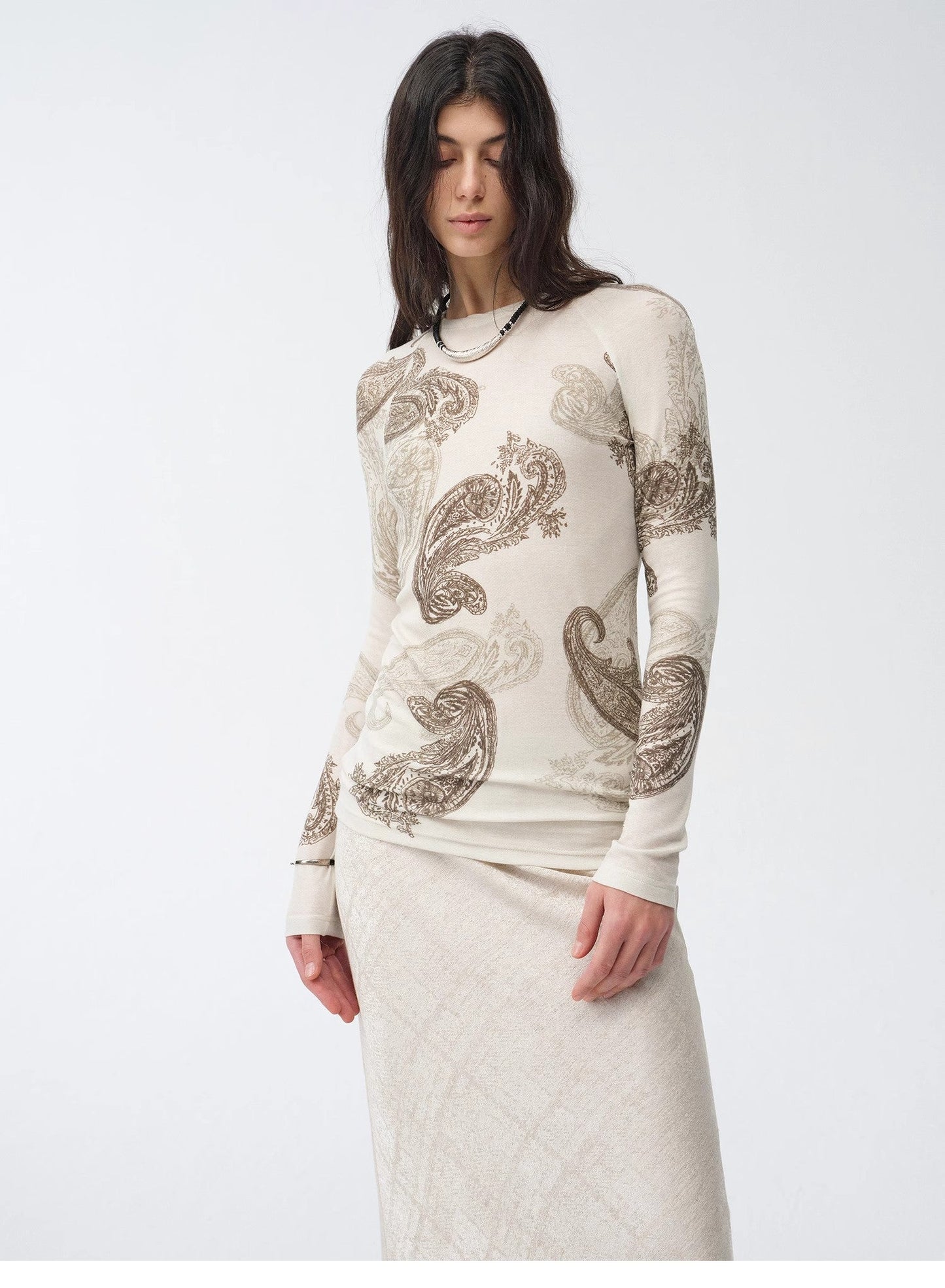 Tencel Wool Original Cashew Print Round Neck Slim Long Sleeve and Skirt"Vintage - Italiqo