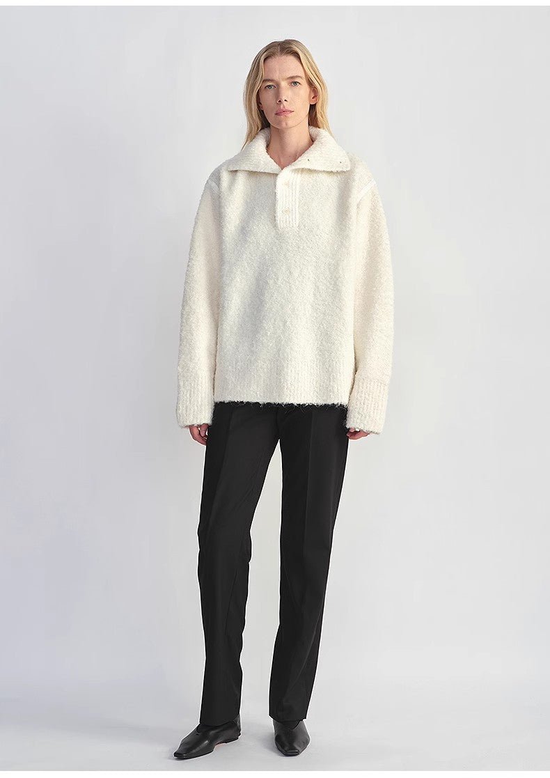 Alpaca Wool Blended Bouclé Yarn Spliced POLO Shirt Lazy and Relaxed Sweater - Italiqo