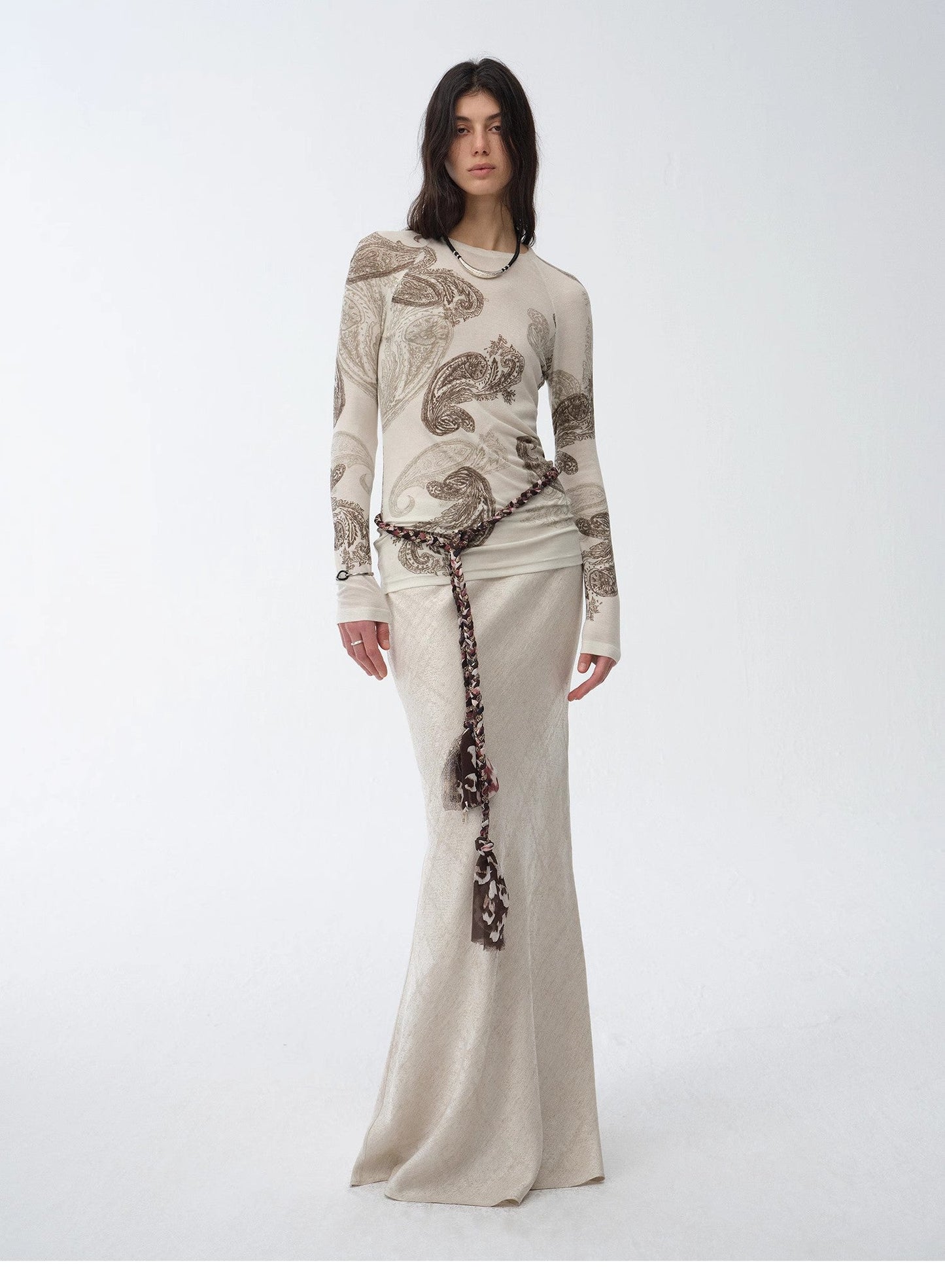 Tencel Wool Original Cashew Print Round Neck Slim Long Sleeve and Skirt"Vintage - Italiqo