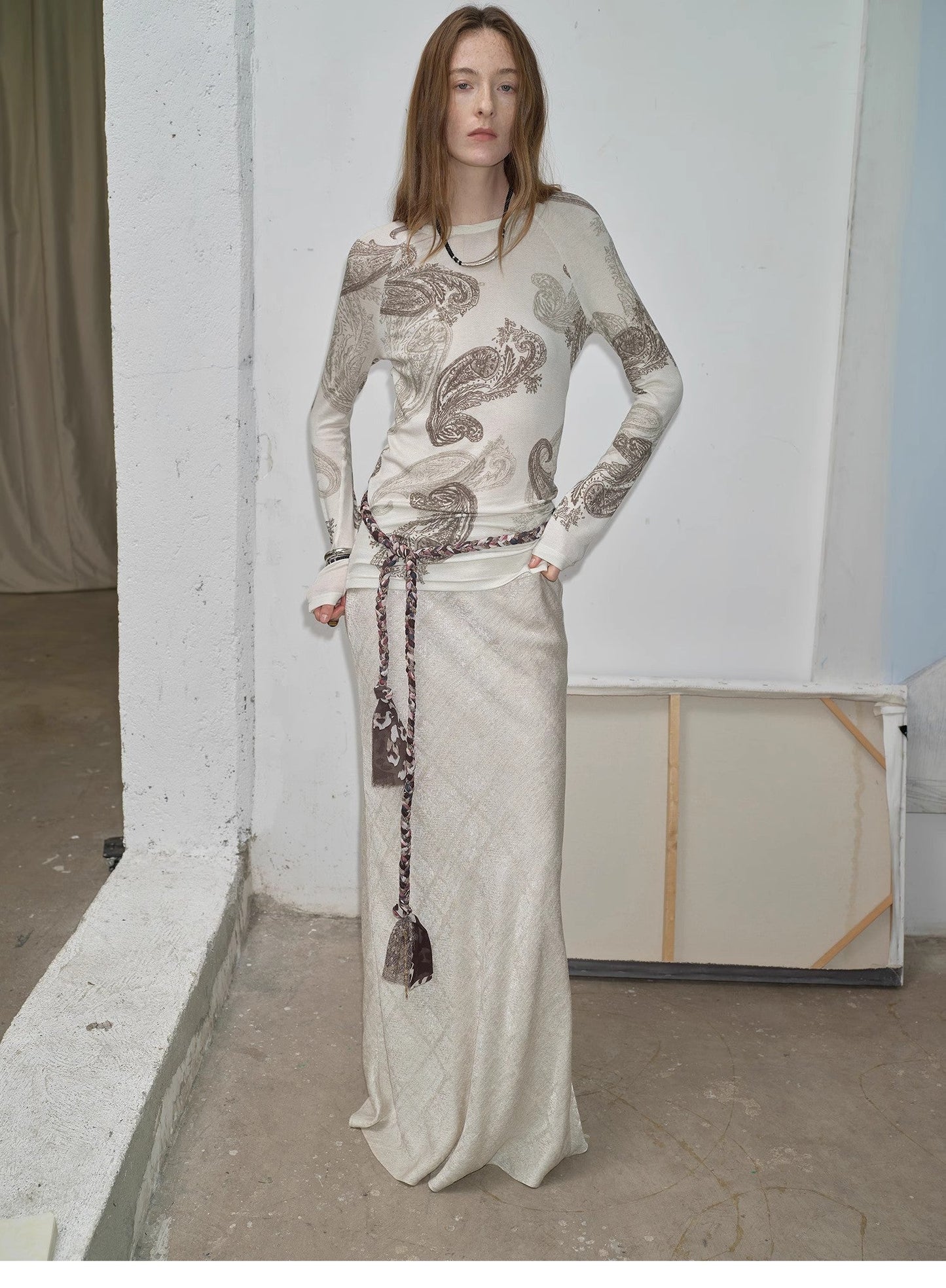 Tencel Wool Original Cashew Print Round Neck Slim Long Sleeve and Skirt"Vintage - Italiqo