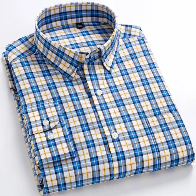 Man Standard-Fit Long-Sleeve Micro-Check Shirts Patch Pocket Thin Soft 100% Cott