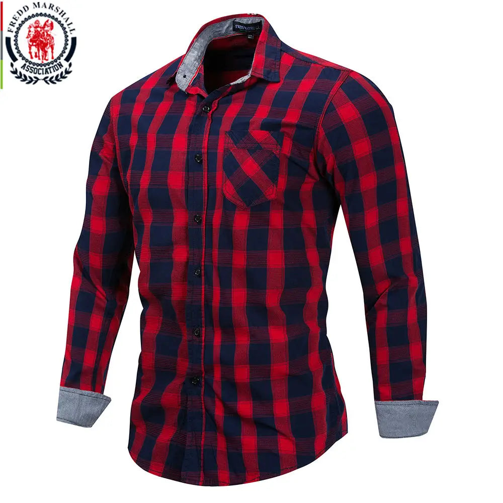 2020 New Men 100% Cotton Plaid Shirt Long Sleeve Slim Fit Dress Shirts Casual