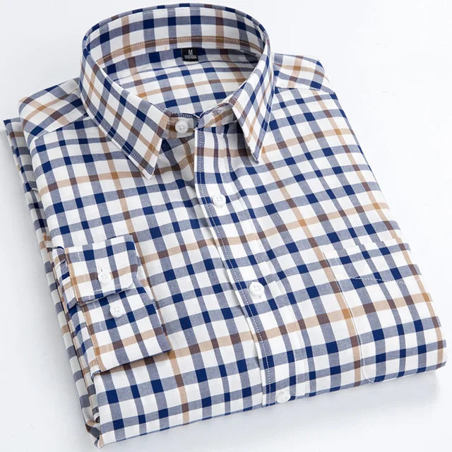 Man Standard-Fit Long-Sleeve Micro-Check Shirts Patch Pocket Thin Soft 100% Cott