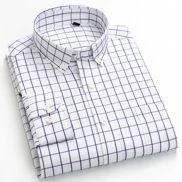Man Standard-Fit Long-Sleeve Micro-Check Shirts Patch Pocket Thin Soft 100% Cott