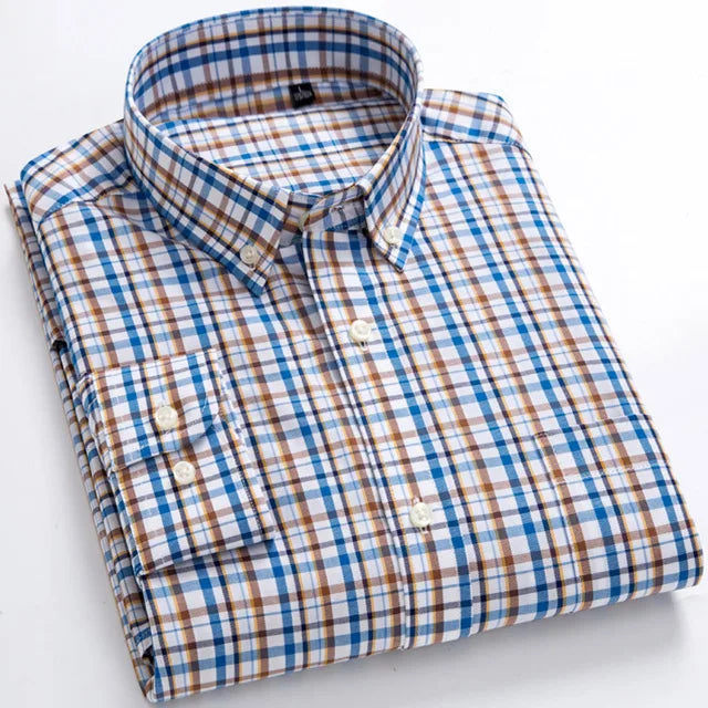 Man Standard-Fit Long-Sleeve Micro-Check Shirts Patch Pocket Thin Soft 100% Cott