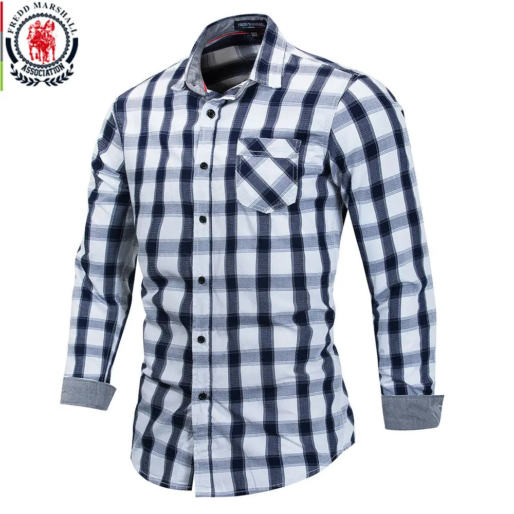 2020 New Men 100% Cotton Plaid Shirt Long Sleeve Slim Fit Dress Shirts Casual