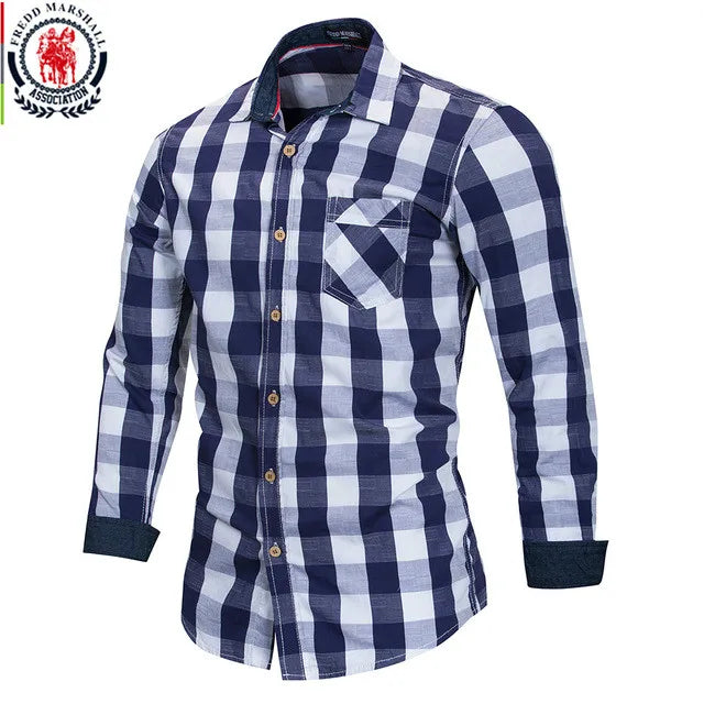 2020 New Men 100% Cotton Plaid Shirt Long Sleeve Slim Fit Dress Shirts Casual