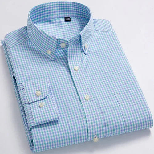 Man Standard-Fit Long-Sleeve Micro-Check Shirts Patch Pocket Thin Soft 100% Cott