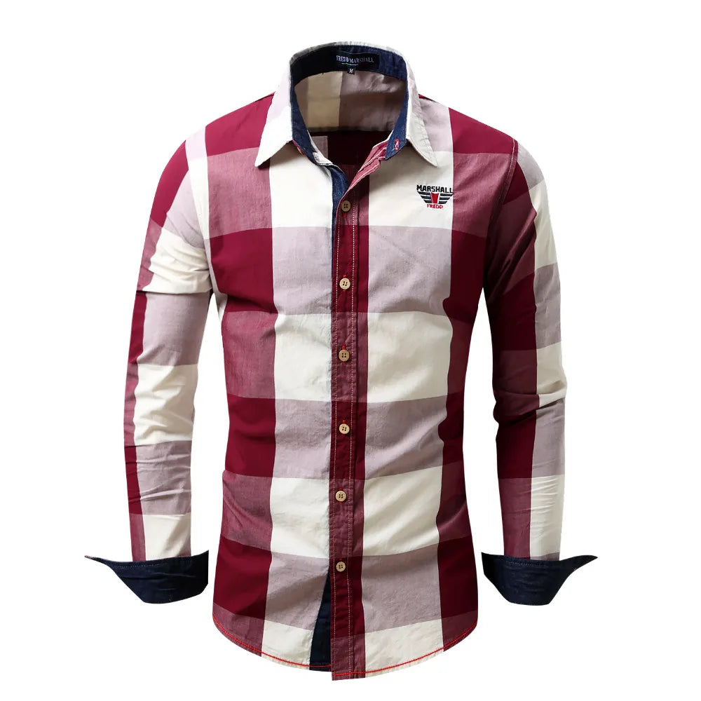 2020 New Men 100% Cotton Plaid Shirt Long Sleeve Slim Fit Dress Shirts Casual