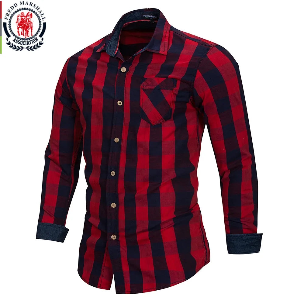 2020 New Men 100% Cotton Plaid Shirt Long Sleeve Slim Fit Dress Shirts Casual