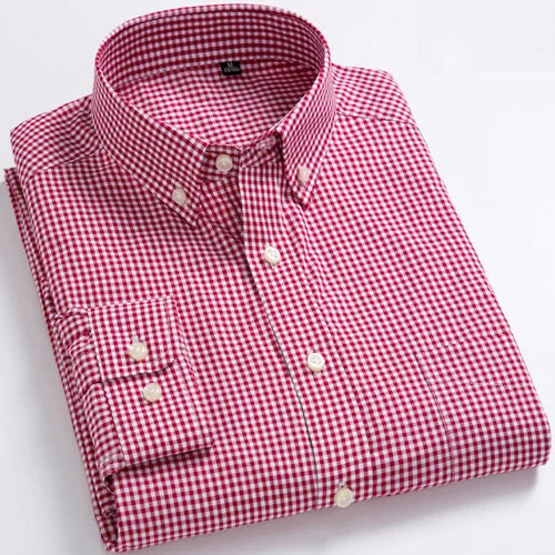 Man Standard-Fit Long-Sleeve Micro-Check Shirts Patch Pocket Thin Soft 100% Cott