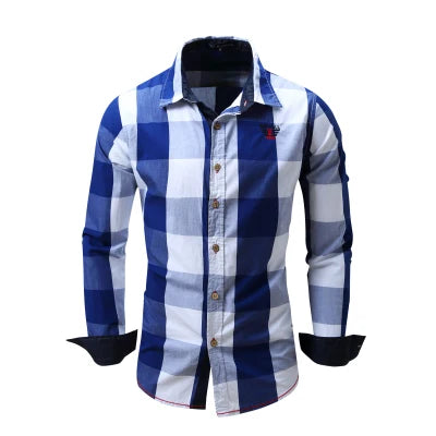 2020 New Men 100% Cotton Plaid Shirt Long Sleeve Slim Fit Dress Shirts Casual