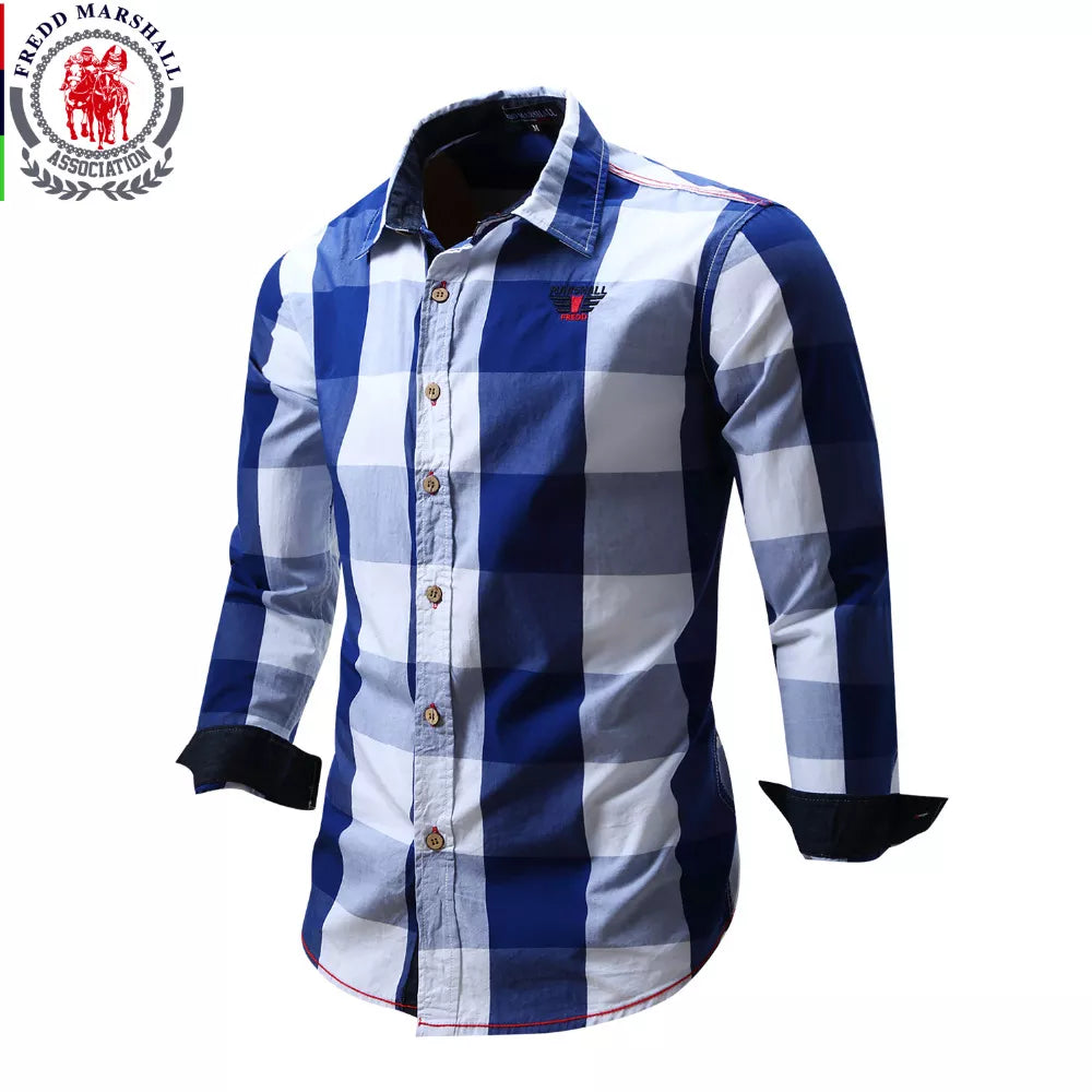 2020 New Men 100% Cotton Plaid Shirt Long Sleeve Slim Fit Dress Shirts Casual