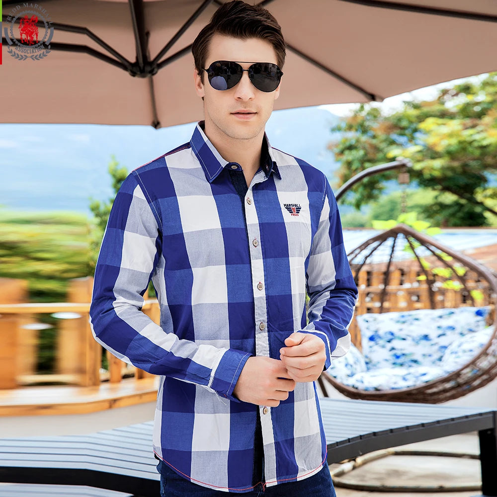 2020 New Men 100% Cotton Plaid Shirt Long Sleeve Slim Fit Dress Shirts Casual