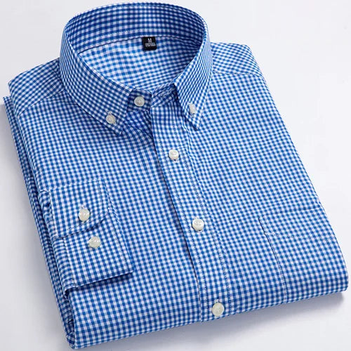 Man Standard-Fit Long-Sleeve Micro-Check Shirts Patch Pocket Thin Soft 100% Cott