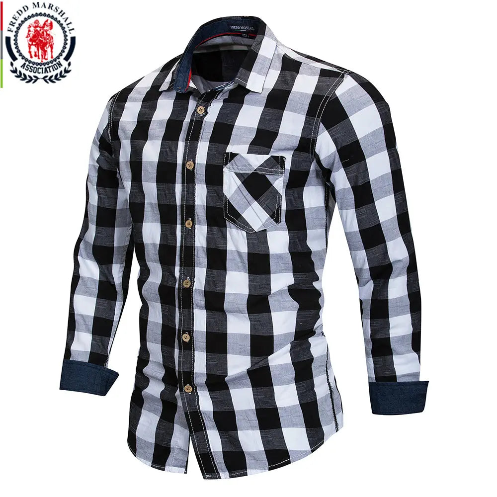 2020 New Men 100% Cotton Plaid Shirt Long Sleeve Slim Fit Dress Shirts Casual