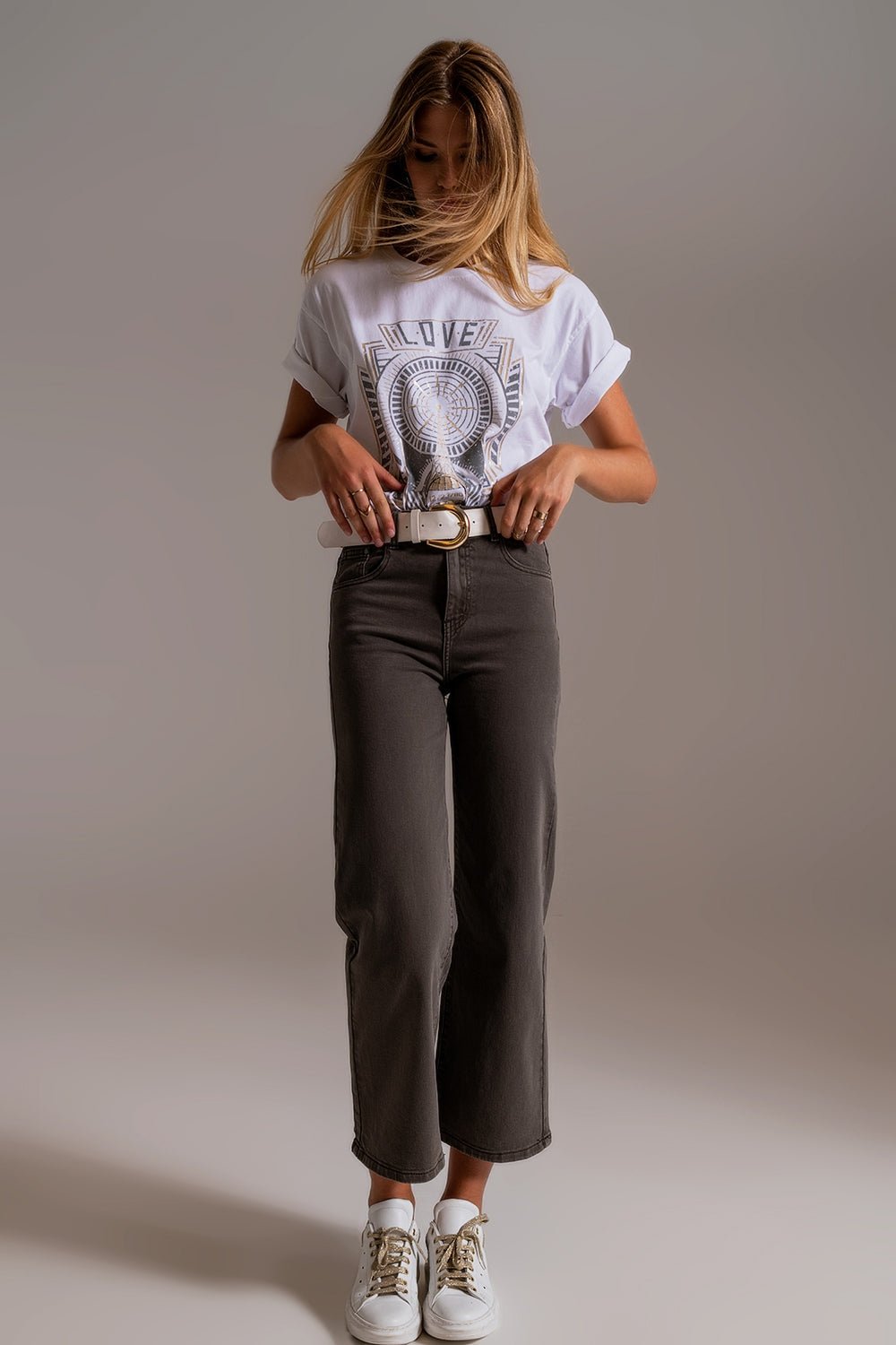 Cropped Wide Leg Jeans in Grey - Italiqo
