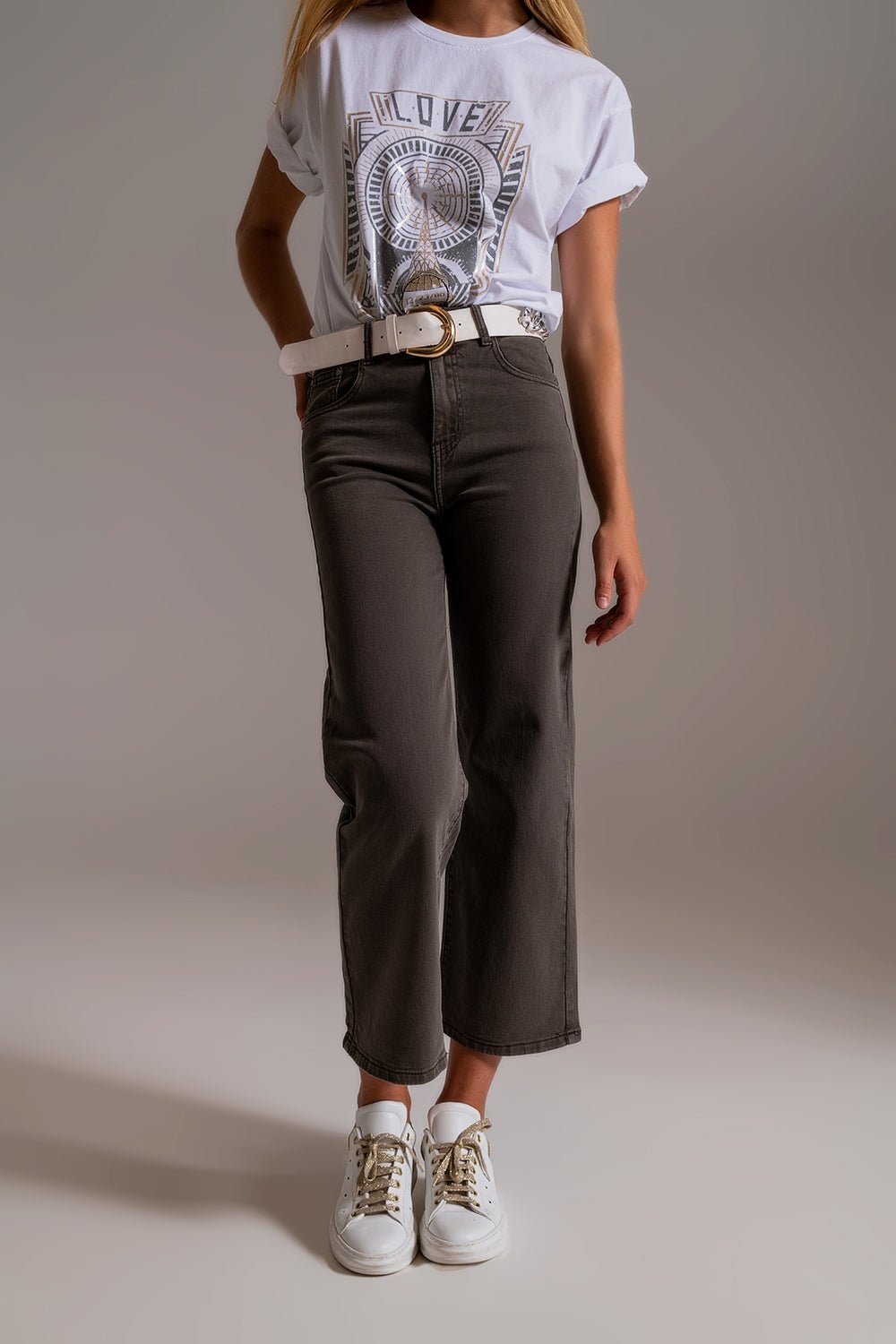 Cropped Wide Leg Jeans in Grey - Italiqo