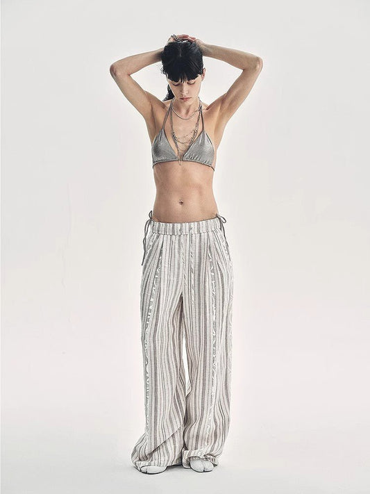 Linen Vertical Stripe Drape Wide Leg Casual Pants"Fashion Tension" - Italiqo