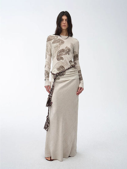 Tencel Wool Original Cashew Print Round Neck Slim Long Sleeve and Skirt"Vintage - Italiqo