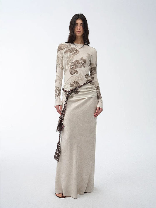 Tencel Wool Original Cashew Print Round Neck Slim Long Sleeve and Skirt"Vintage - Italiqo
