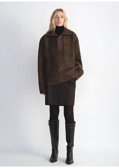 Alpaca Wool Blended Bouclé Yarn Spliced POLO Shirt Lazy and Relaxed Sweater - Italiqo