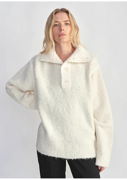 Alpaca Wool Blended Bouclé Yarn Spliced POLO Shirt Lazy and Relaxed Sweater - Italiqo