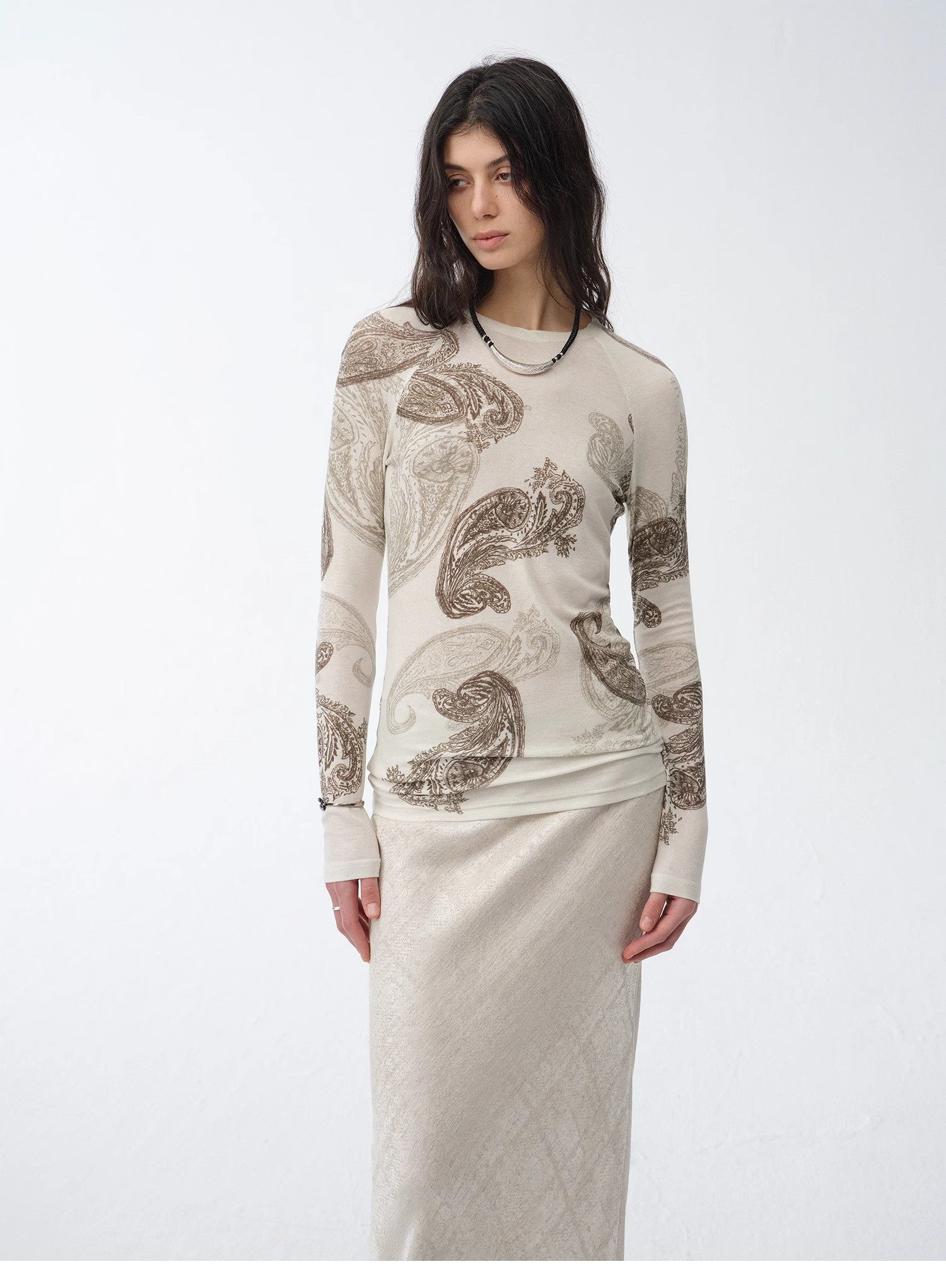 Tencel Wool Original Cashew Print Round Neck Slim Long Sleeve and Skirt"Vintage - Italiqo