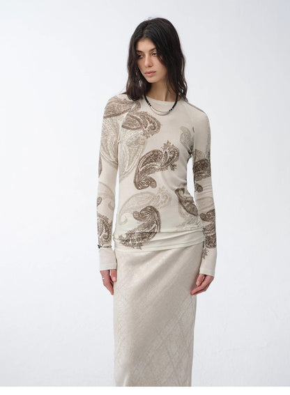 Tencel Wool Original Cashew Print Round Neck Slim Long Sleeve and Skirt"Vintage - Italiqo