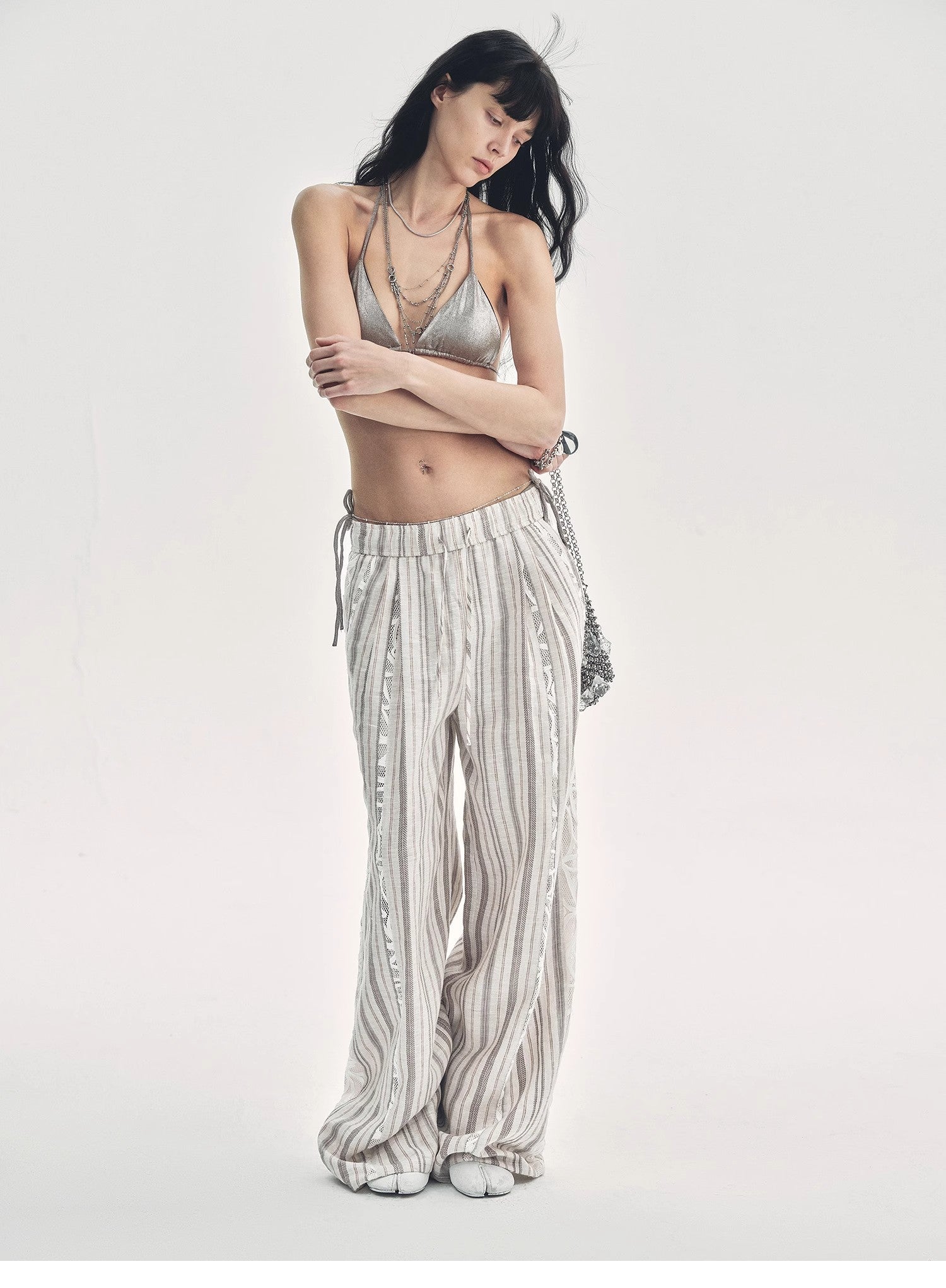 Linen Vertical Stripe Drape Wide Leg Casual Pants"Fashion Tension" - Italiqo