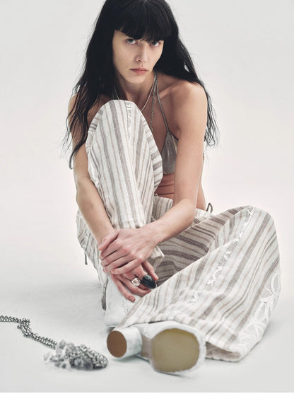 Linen Vertical Stripe Drape Wide Leg Casual Pants"Fashion Tension" - Italiqo