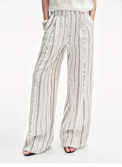 Linen Vertical Stripe Drape Wide Leg Casual Pants"Fashion Tension" - Italiqo