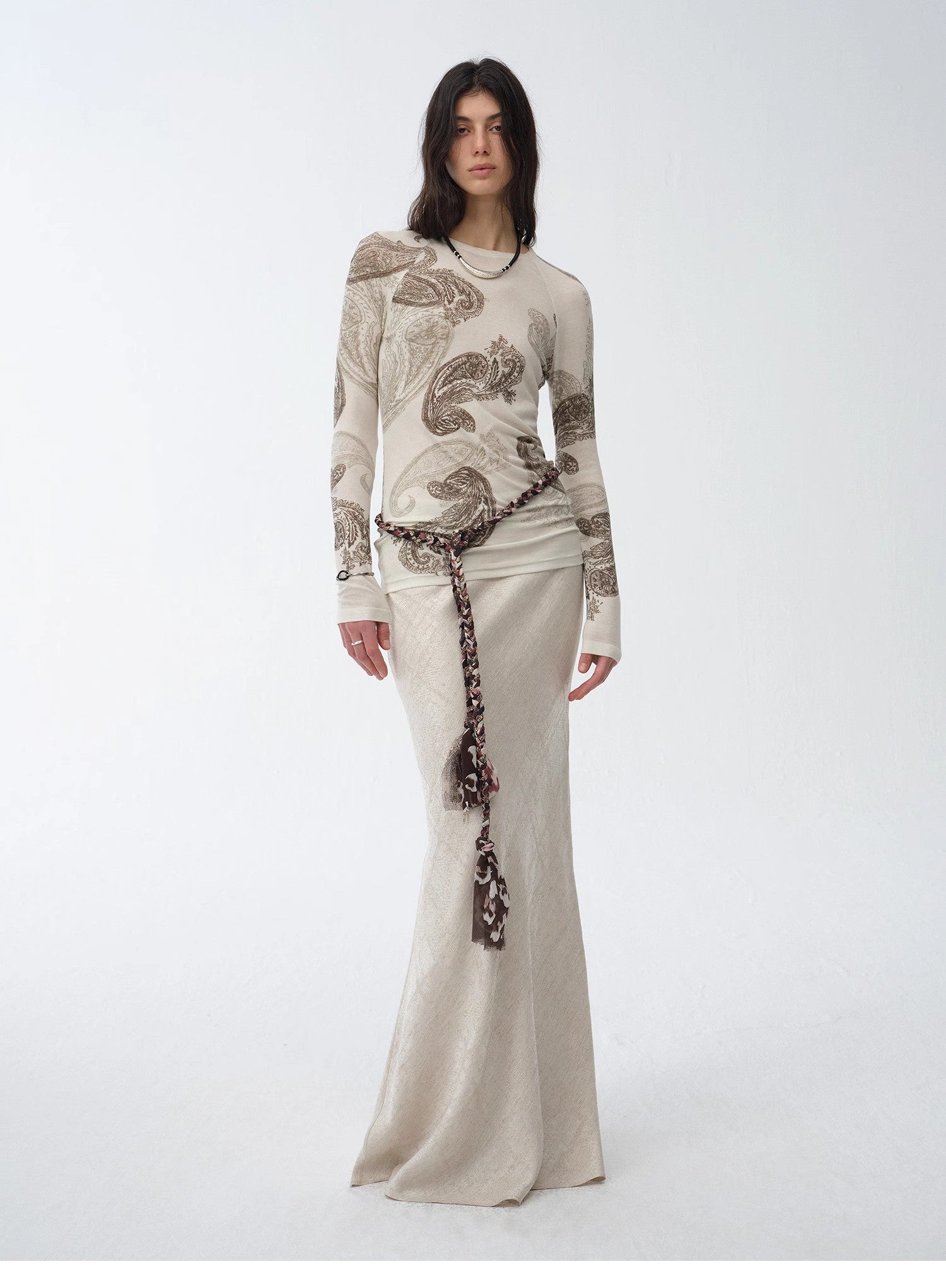 Tencel Wool Original Cashew Print Round Neck Slim Long Sleeve and Skirt"Vintage - Italiqo