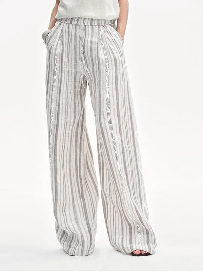 Linen Vertical Stripe Drape Wide Leg Casual Pants"Fashion Tension" - Italiqo