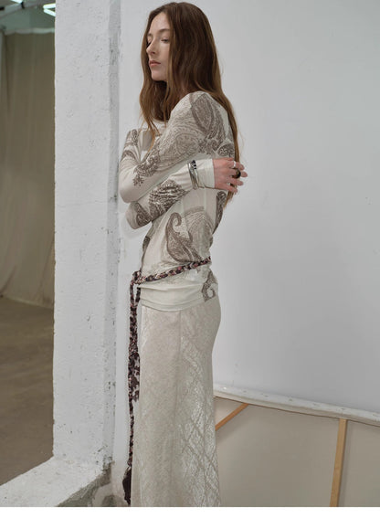 Tencel Wool Original Cashew Print Round Neck Slim Long Sleeve and Skirt"Vintage - Italiqo