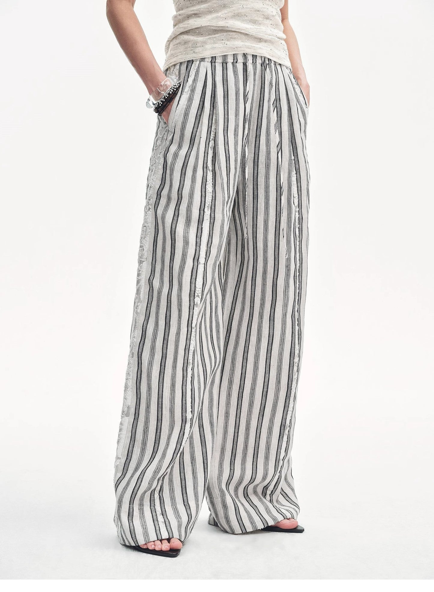 Linen Vertical Stripe Drape Wide Leg Casual Pants"Fashion Tension" - Italiqo