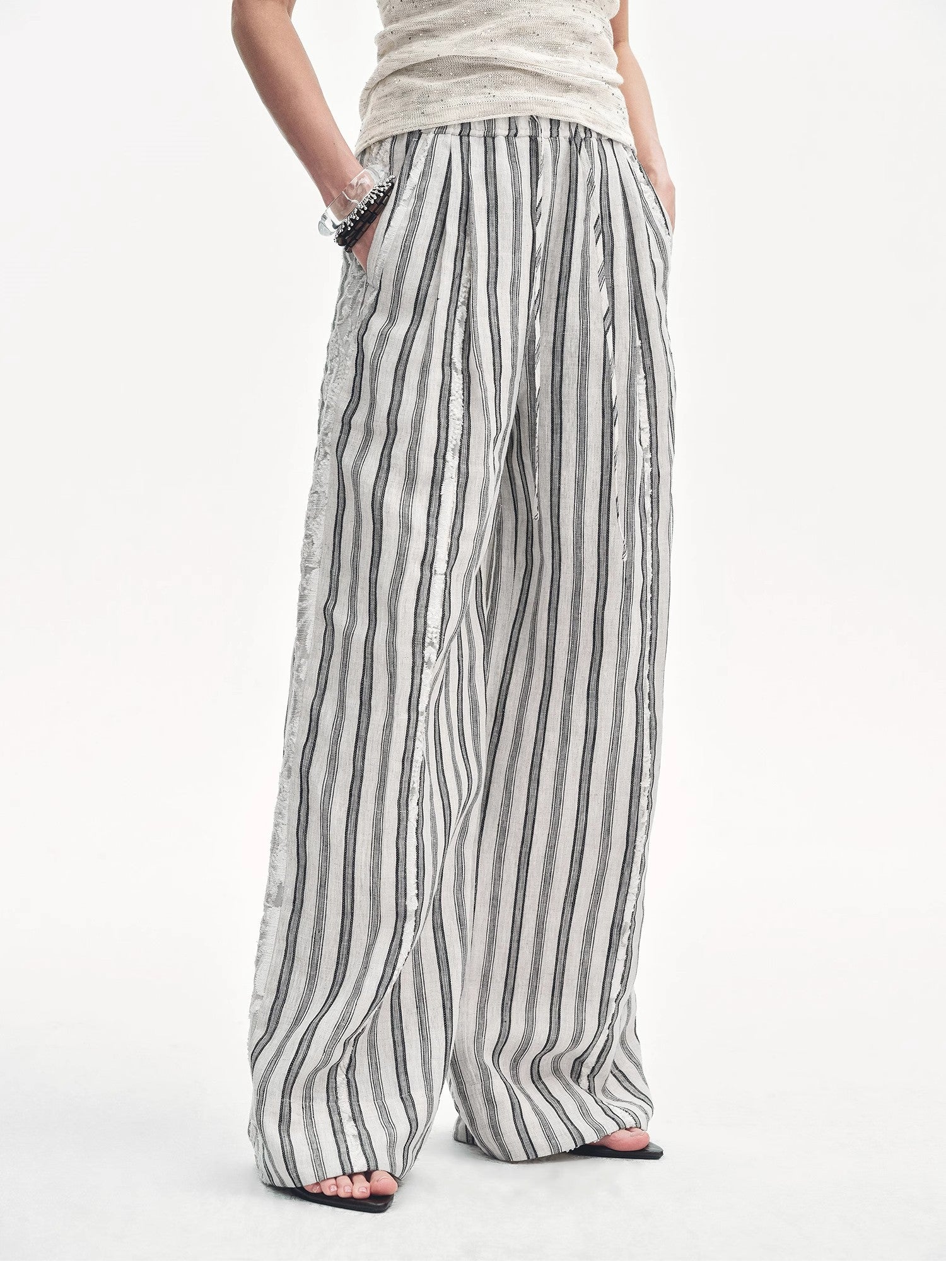 Linen Vertical Stripe Drape Wide Leg Casual Pants"Fashion Tension" - Italiqo