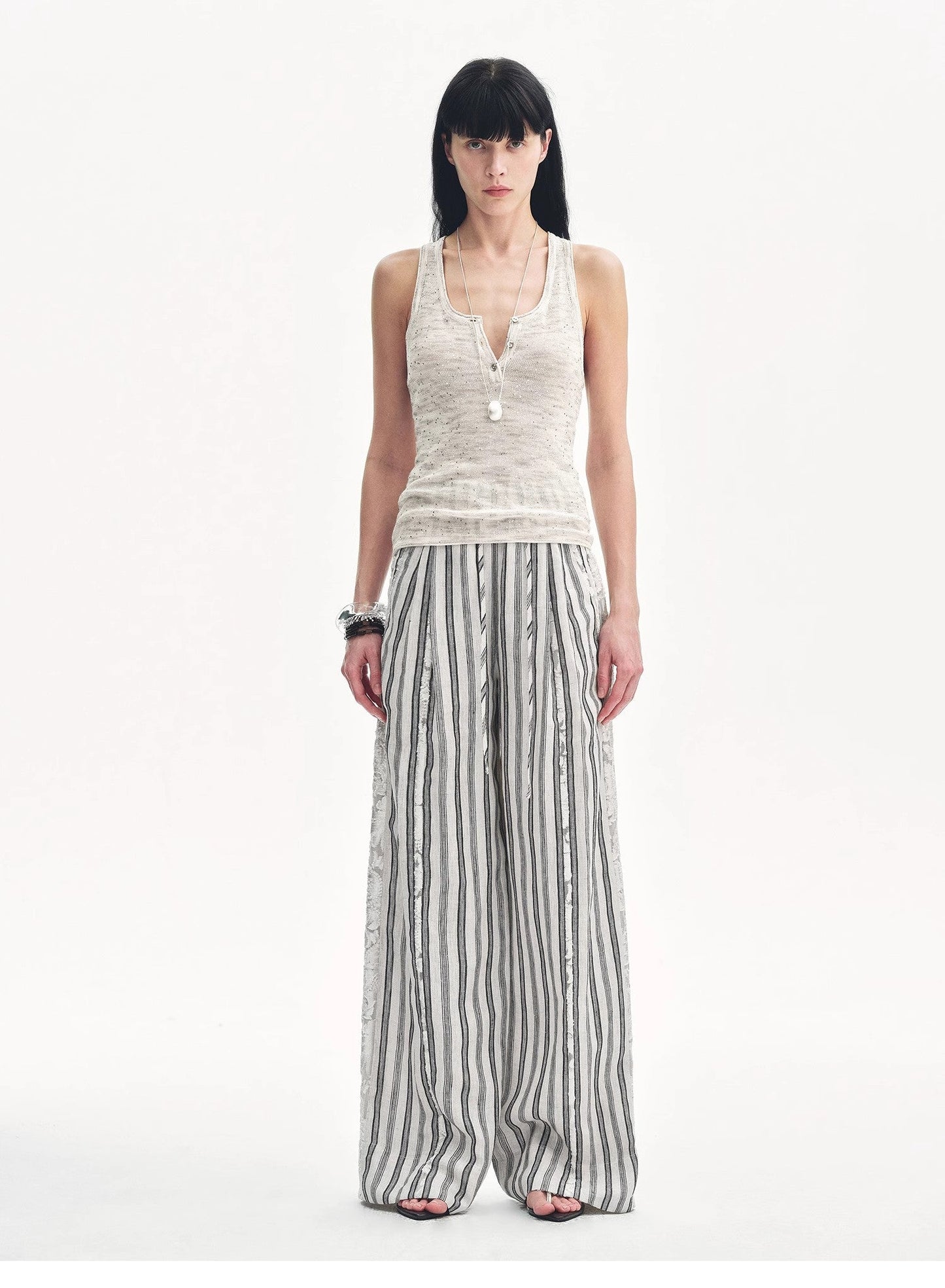 Linen Vertical Stripe Drape Wide Leg Casual Pants"Fashion Tension" - Italiqo