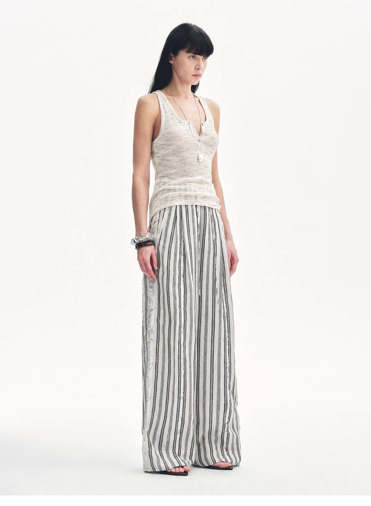 Linen Vertical Stripe Drape Wide Leg Casual Pants"Fashion Tension" - Italiqo