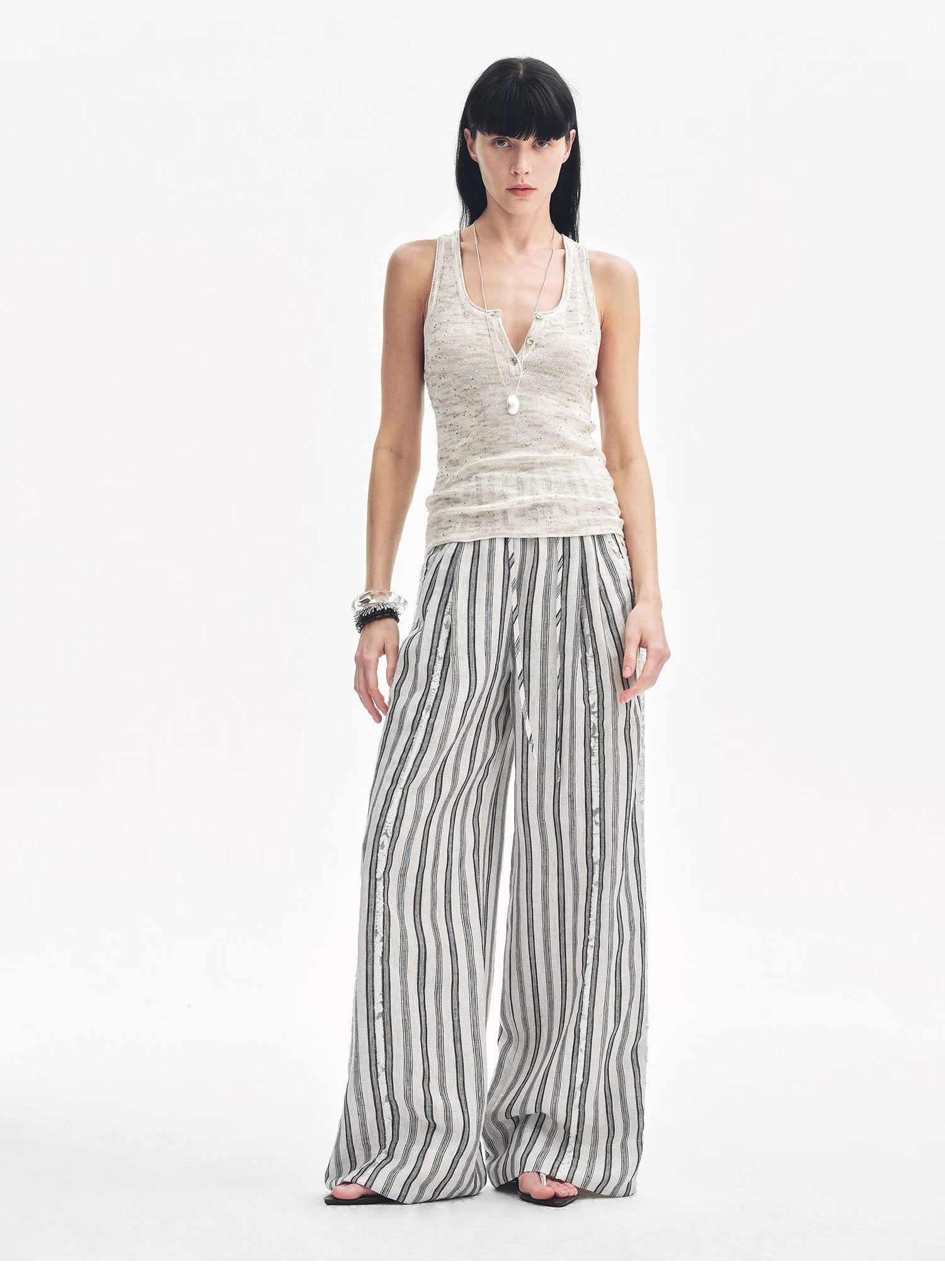 Linen Vertical Stripe Drape Wide Leg Casual Pants"Fashion Tension" - Italiqo