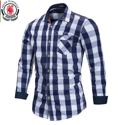 2020 New Men 100% Cotton Plaid Shirt Long Sleeve Slim Fit Dress Shirts Casual