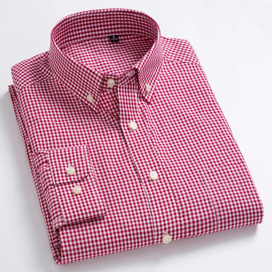 Man Standard-Fit Long-Sleeve Micro-Check Shirts Patch Pocket Thin Soft 100% Cott